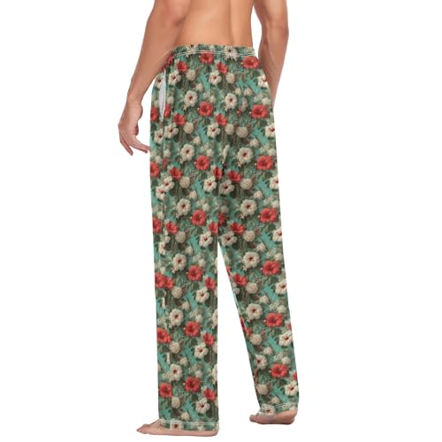 Aflyko Botanic Men's Pajama Pants Tropical Hibiscus Aqua Red White Pjs Sleepwear Bottoms3