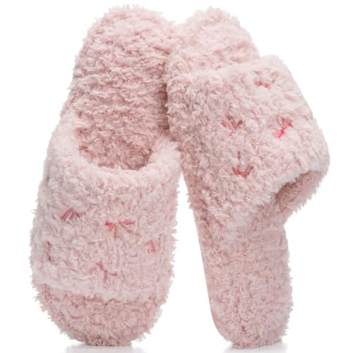 Image of GOEWY Fuzzy Open Toe Slippers for Women Indoor Cozy Memory Foam Slip On House Slides Shoes Gifts for Womens Her Mom