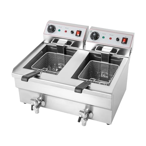 Doppel Friteuse, 6000 W Gewerbliche Fritteuse Fritteusen mit 2 x 10 L Körben und Abdeckungen, Überhitzungsschutz Temperatur 230℃, Edelstahl, Silber, 57 x 47 x 35cm – Bild 6