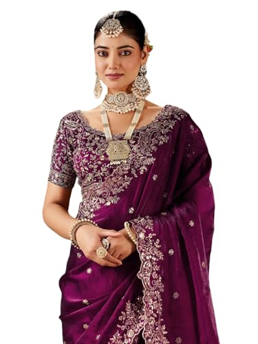 Image of SIRIL Women's Tissue Silk Sequence Embroidery Saree with Unstitched Blouse Piece