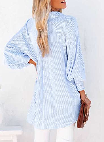 Womens Smocked Cuffed Striped Boyfriend Shirt Casual Collar Long Sleeve Oversized Button Down Blouse Tops with Pocket Shirred2