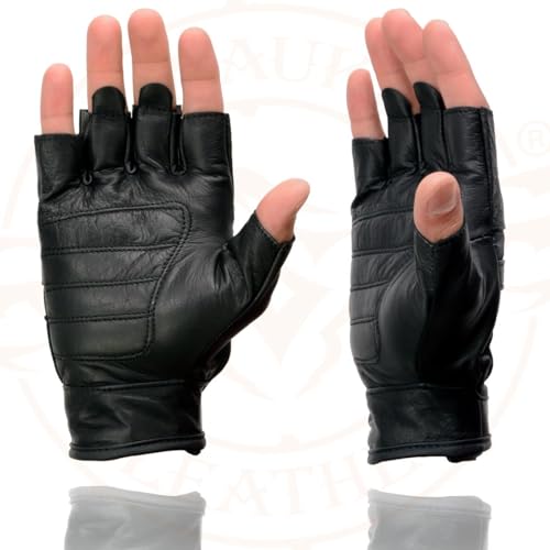 Image of Milwaukee Leather SH198 Men's Black Flame Embroidered Fingerless Gloves with Gel Palm | Padded Comfort; Vibration Relief; Flame Embroidery
