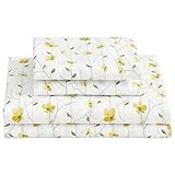 Softan Yellow Floral Sheets for Queen Size Bed Printed Bed Sheets - 4 Piece Soft Microfiber Patterned Fitted Sheets Queen with 15' Deep Pocket and Corner Straps,Cute Flower Sheets & Pillowcase Set
