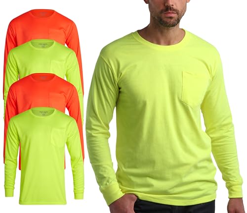 Bass Creek Outfitters High Visibility Shirt - 4 Pack Long Sleeve Hi Vis Shirts for Men - Construction Safety Shirts (M-XXXL) Size Large, Safety YellowOrange