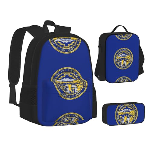 Nebraska Flag Print 3 Piece Set Backpack, Lunch Bag, Pencil Case, Cute Sturdy For College And Travel2