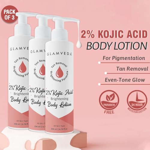 Image of Glamveda Body Lotion with 2% Kojic Acid & Alpha Arbutin 200ml Pack of 3 | 24hr Deep Moisturizer, Nourishes & Protect Skin | Remove Dark Spots, Pigmentation, Tan Removal | Non Greasy | All Skin Type