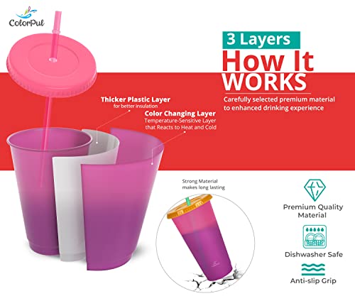 COLORPUL Kids Cups with Straws and Lids- 9 Packs 16 oz- Color Changing Cup - Thick Reusable Insulated Plastic Cup with Lids and Straws for Coffee Cups, Smoothie Cup