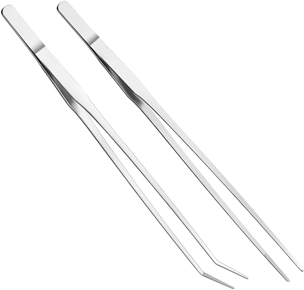 YIKUBO 2pcs Long Tweezers Curved Straight 27cm Stainless Steel Aquatic Plant Tweezers for Aquariums, Aquatic Plants, and Reptiles Aquascaping Tools Silver