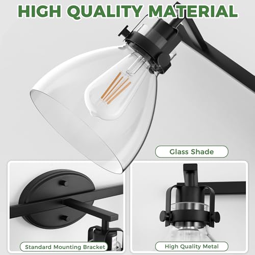 Image of DORESshop 3-Light Black Bathroom Vanity Light Fixture, Modern Wall Mounted Vanity Lighting with Clear Glass Shades - Waterproof & Damp Rated for Bathroom, Powder Room, Dimmable LED Bulb Compatible