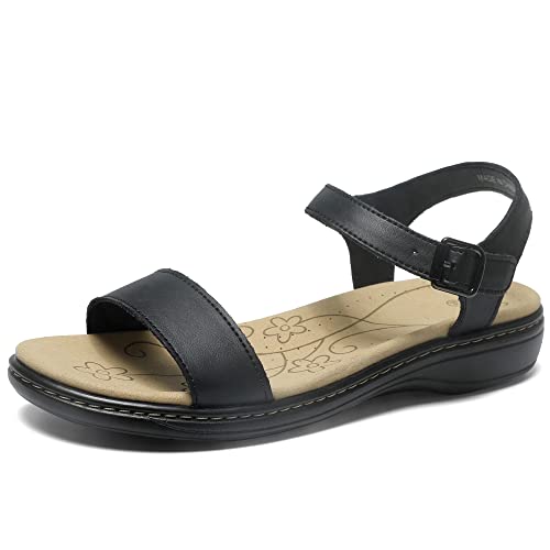 Women's Classic Flat Sandals Leather Open Toes Memory Foam One Band Ankle Strap Adjustable Slip On Shoes