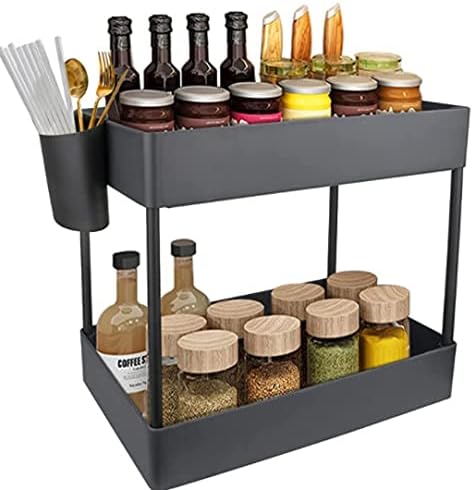 Organizador debajo del fregadero, organizador de encimera de baño de 2 niveles con 4 ganchos, soporte de estante de almacenamiento multiusos para