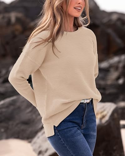 BTFBM Fall Sweaters for Women 2025 Casual Long Sleeve Sweater Striped Loose Fit Pullover Tops