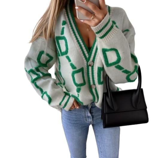 Women Geometric Cardigan Sweater Oversized Button Down Long Sleeve V Neck Sweater Drop Shoulder Knit Coat Outwear