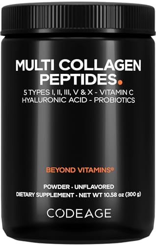 Codeage Multi Collagen Peptides Black Edition—5 Types + Probiotics & Hyaluronic Acid, Unflavored 10.58oz