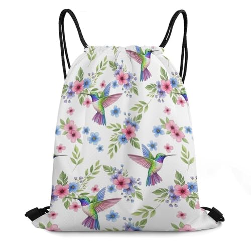 Cute Floral Hummingbird Flowers Drawstring Bag for Adults, Novelty Men Women Lightweight Waterproof Draw String Backpack for Travel, Hiking, 13.8x16.5 Inch