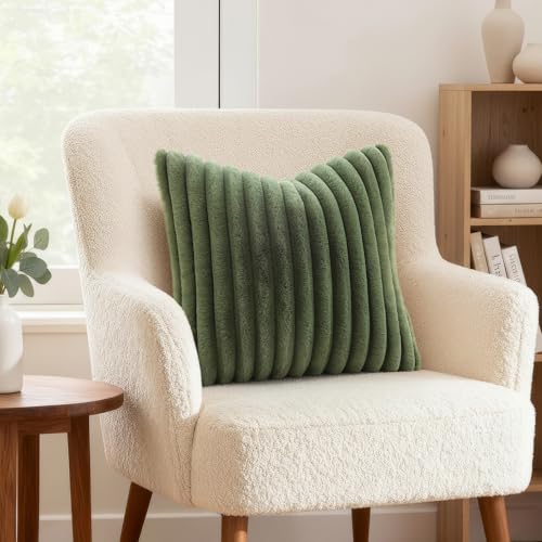 Image of decorUhome Fall Cozy Faux Fur Throw Pillow Covers 18x18 Set of 2 Decorative Soft Plush Striped Modern Farmhouse Boho Couch Pillow Cases with Velvet Back for Sofa Bed Living Room, Olive Green