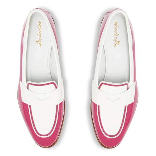 Image of Women Patent Slip On Loafer Flats Two Tone Round Toe Flat Heel Penny Loafers Casual 1 inch Low Heel Loafer Dress Shoes Oxford Comfort Chic Colorblock Office Ladies 4-11 M US