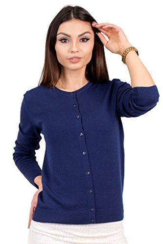 KNITTONS Women's Wool Crewneck Cardigan Button Up Long Sleeve Sweater (Small, Navy Blue)
