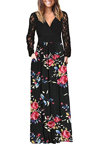 Image of AUSELILY Womens Long Sleeve Maxi Dress 2026 Fall Lace Long Sleeve Dress V Neck Wrap Waist Long Dresses with Pockets