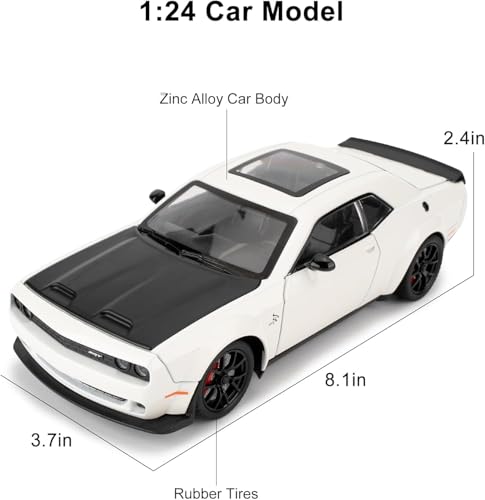 Image of 1:24 Dodge Challenger Diecast Toy Car - Multifunctional Alloy Model with Pull Back Action, Openable Doors, Bonnet & Boot, Sound & Light - Kids & Collector Gift (WHT+BLK)