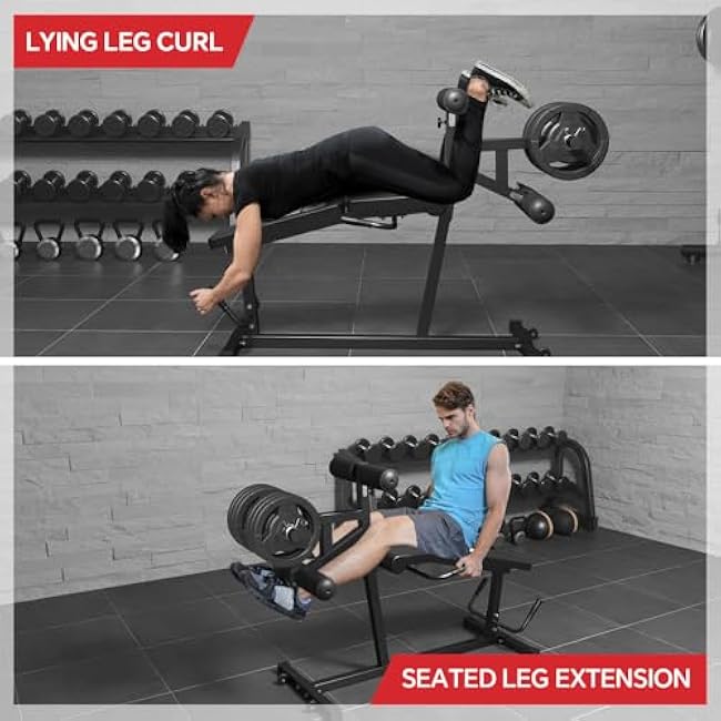 Leg Extension and Leg Curl Machine,Seated Leg Extension and Lying Curl Machine for Home Gym,Leg Press Bench Fit for Both 1'' and 2'' Weight Plates
