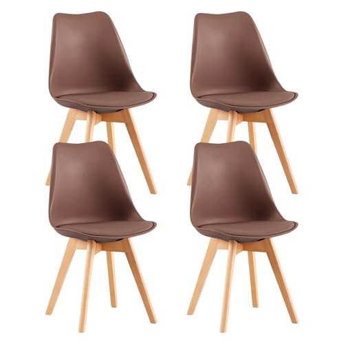 EGGREE Pack de 4 Sillas de Comedor Sillas Cocina Nórdico con Asiento Tapizado y Las piernas de Madera de Haya Maciza -Marrón Chocolate