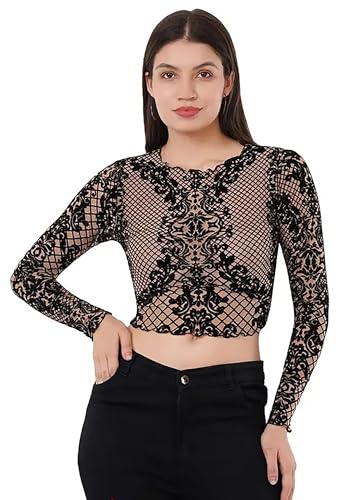 Image of ICW Women Long-Sleeves Round Neck Net Printed Transparent Mesh Sheer Crop Top T-Shirt DN38(Mix Print)