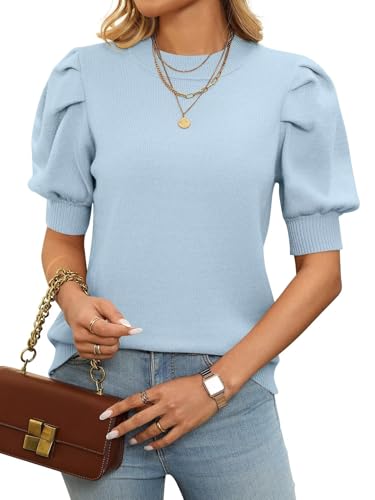Image of Ahtyeo Women's Puff Short Sleeve Sweater Tops 2025 Spring Summer Trendy Crew Neck Casual T Shirts Pullover Blouses