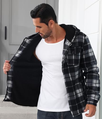 Men’s Full Zip Up Hoodie Heavyweight Sherpa Fleece Lined Hoodies Flannel Warm Winter Plaid Jacket Thick Coat with Pockets3