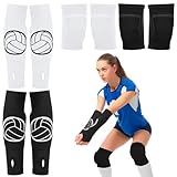 Sosation 2 Set Volleyball Knee Pads and Volleyball Arm Sleeves with Protection Pad Compression Forearm Wrist Guard with Thumb Hole Soft Breathable for Hitting Passing(Black, White)