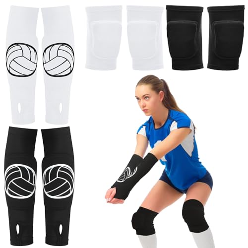 Sosation 2 Set Volleyball Knee Pads and Volleyball Arm Sleeves with Protection Pad Compression Forearm Wrist Guard with Thumb Hole Soft Breathable for Hitting Passing(Black, White)