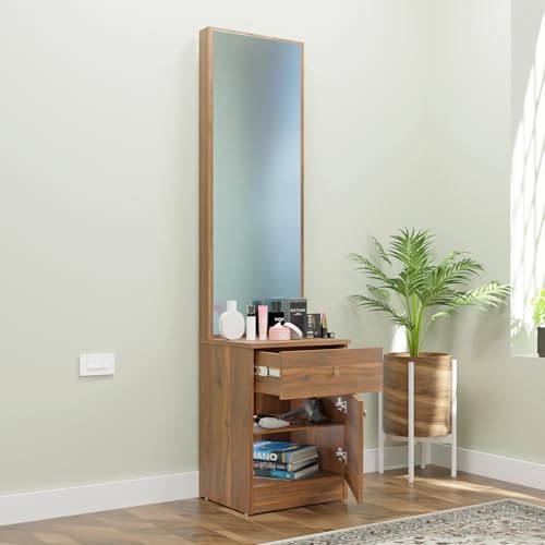 Image of VIKI | Engineered Wood Dressing Table with 1 Drawer & 1 Door, Mirror and Huge Storage Space | Vanity for Living Room, Bedroom (Brussel Walnut - 43.8W x 40D x 182.6H cms)