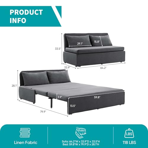 Image of BALUS 64 inch W Queen Size Sleeper Couch Bed Pull Out Sofa with Pullout Beds, 2 in 1 Convertible Linen Single Sleepers Sofas Chair with Foldable Mattress and Pillows for Small Space Apartment, Dark Grey