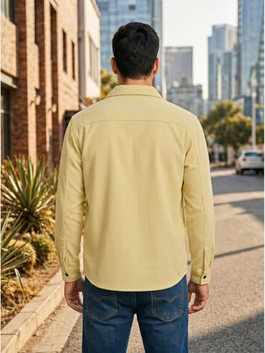 Image of DEELMO Men's Cotton Polyester Corduroy Shirt with Textured Pattern Spread Collar Full Sleeves Dual Pocket Front and Button Down Closure | Textured Shirts for Men | Shirts for Men Stylish