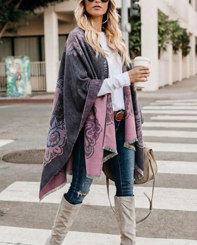 Image of Bestshe Women's Boho Open Front Poncho Plaid Shawl Wrap Cape