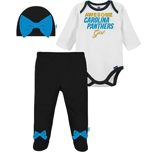 Image of Gerber NFL baby girls 3 Pack Bodysuit Registry Gift Set Footed Pant and Cap
