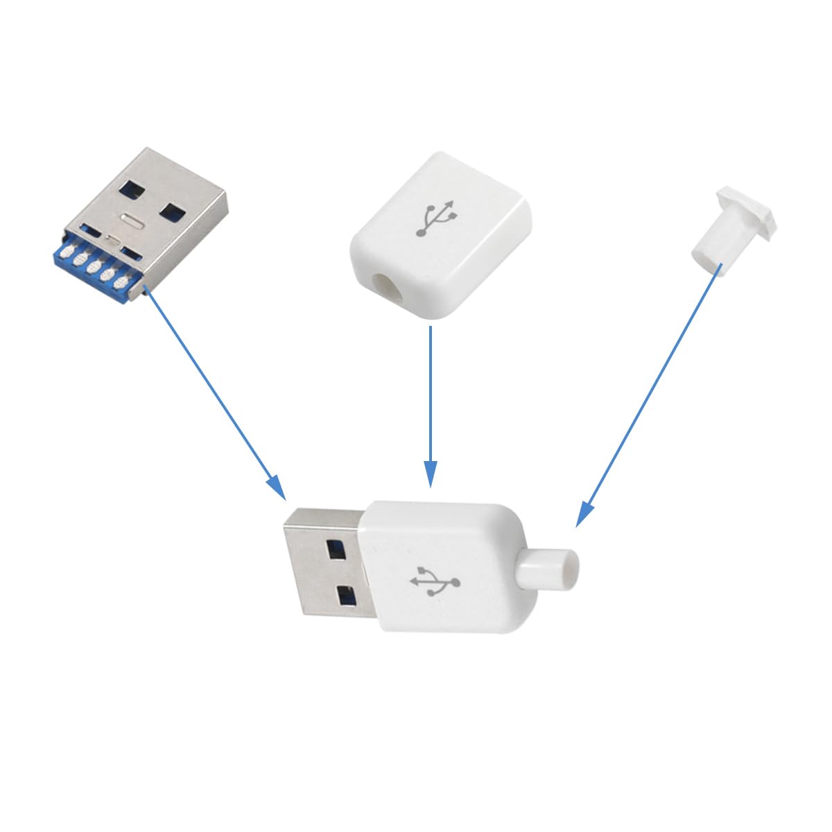 20 Sets USB 3.0 Stecker gelötet, USB 3.0 Typ A Buchse mit weißem Gehäuse für Laptop, Festplatte, USB-CDs, Tastaturen