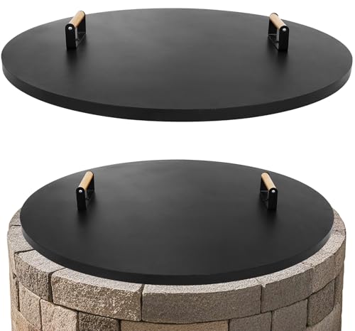 1MORE Fire Pit Lid Round 34 - Metal Firepits Cover with Wooden Handles for Patio Firepits Rust Resistant 1.5mm Fire Pits Metal Lid Firepits Accessory Fire Pits Cover Round All-season Protective