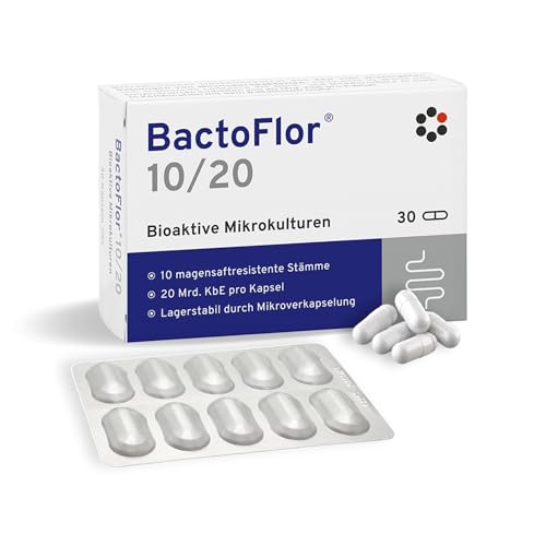 BactoFlor 10/20 - Probiotika für Darmkur hochdosiert 30 Kapseln - Darmbakterien zur Darmsanierung & Darmflora Aufbau - Milchsäurebakterien mit Lactobacillus reuteri - 600 Mrd. KBE/Pack. laktosefrei