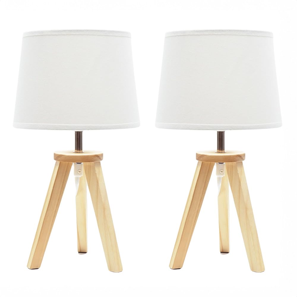 Valuelights Natural | Pair Of - Wood Tripod Table Lamp With Linen Tapered Lampshade Living Room Bedside Light | Table Lamps & Home Improvements Essential
