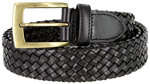 BL043 Antiqued Brass Buckle Basketweaved Woven Genuine Leather Dress Belt 1-1/4