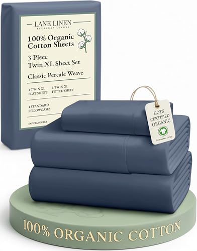 Image of LANE LINEN 100% Organic Cotton Eco Friendly Fully Elasticized Twin XL Sheet Set, Low Pilling Fade Resistant Machine Washable Extra Long Twin Bedding Set, Soft & Comfy Cotton Sheets-Estate Blue