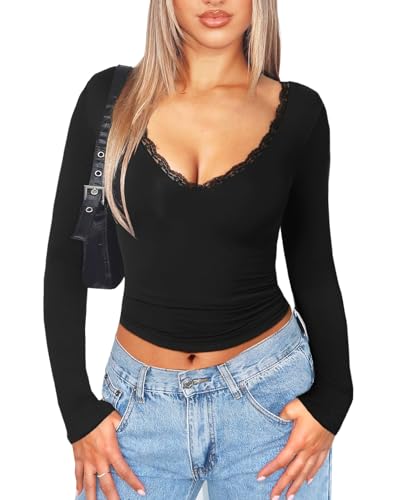 Navneet Women Sexy V Neck Lace Long Sleeve Shirts Crop Top Fall Cute Going Out Tops