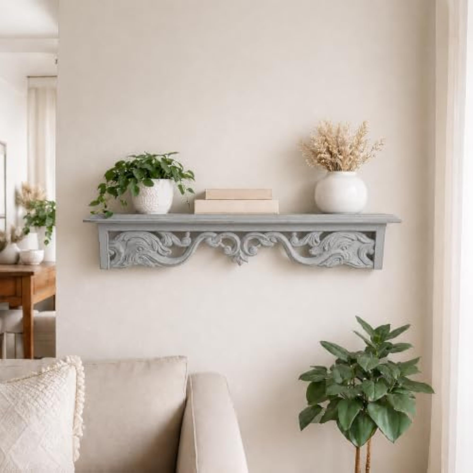 Rustic Wooden Wall Shelf Bracket with Hand-Carved Scroll Design