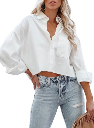 LAYOGAS Womens Crop Button Down Shirts Casual Long Sleeve Lapel Blouse with Chest Pocket Solid Color S-2XL2