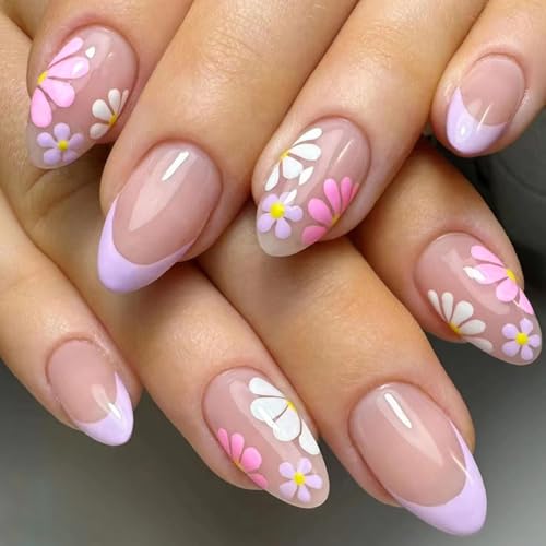 Flowers Press on Nails Short Almond Fake Nails Purple French Glue...
