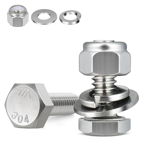 Image of (12 Sets) 1 /4-20 x 1 /2 inch Hex Head Screw Bolt,Lock Nuts,Flat & Lock Washers Kits,304 Stainless Steel 18-8,Fully Threaded