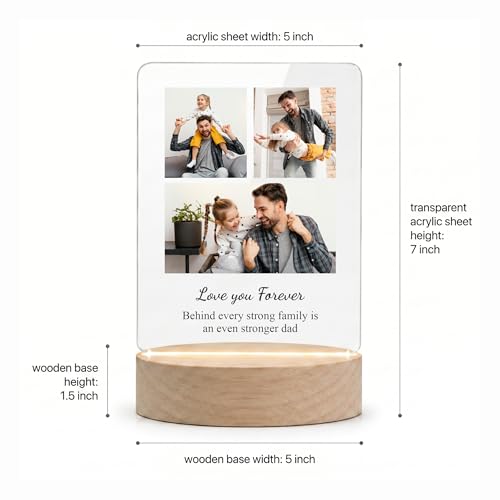 Image of Giftplease Fathers Day Personalized Rectangle Acrylic LED Frame - Custom 3 Photo Wood Stand Tabletop Showcase For Grandpa Birthday, Dad, Stepdad, Husband Anniversary Meaningful Family Keepsake