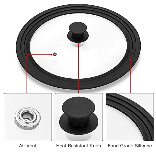 Universal Lid For Pots,Pans And Skillets - Tempered Glass With Heat Resistant Silicone Rim Fits 10.5", 11" And 12" Diameter Cookware ,Black #TOP2