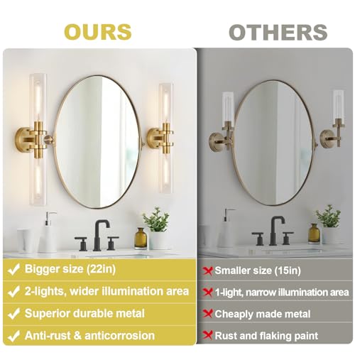 Image of Wall Sconces Set of Two, Hardwired Brushed Gold Bathroom Sconces Wall Lighting with Clear Glass, Modern Sconces Wall Decor Set of 2 Bathroom Light fixtures for Mirror Hallway (Bulbs Not Included)
